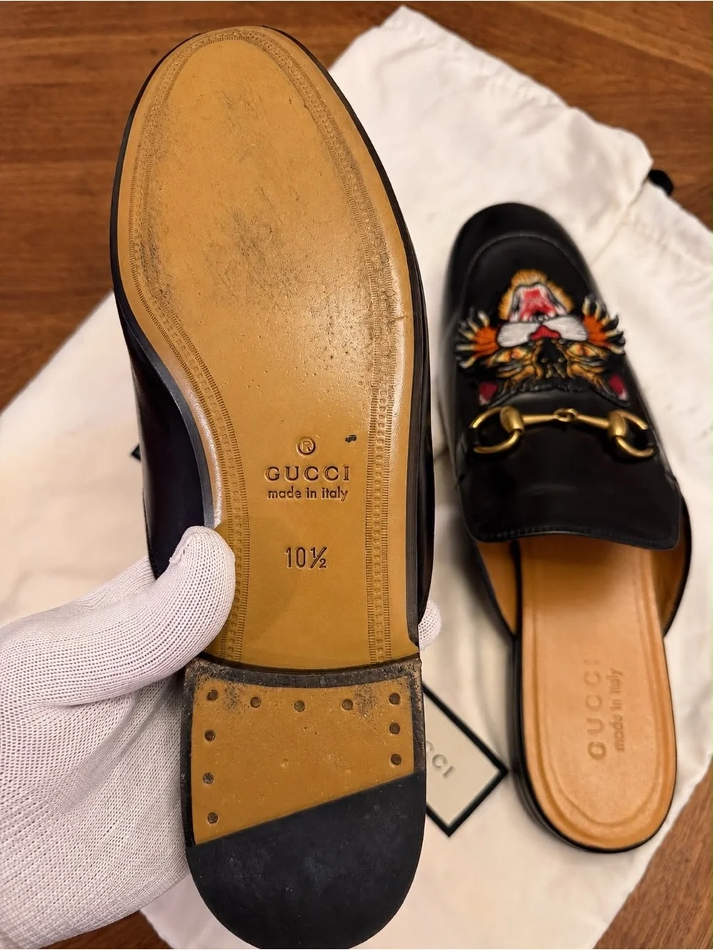 Authentic Gucci Princetown Tiger Embroidered Leather Mules Horsebit